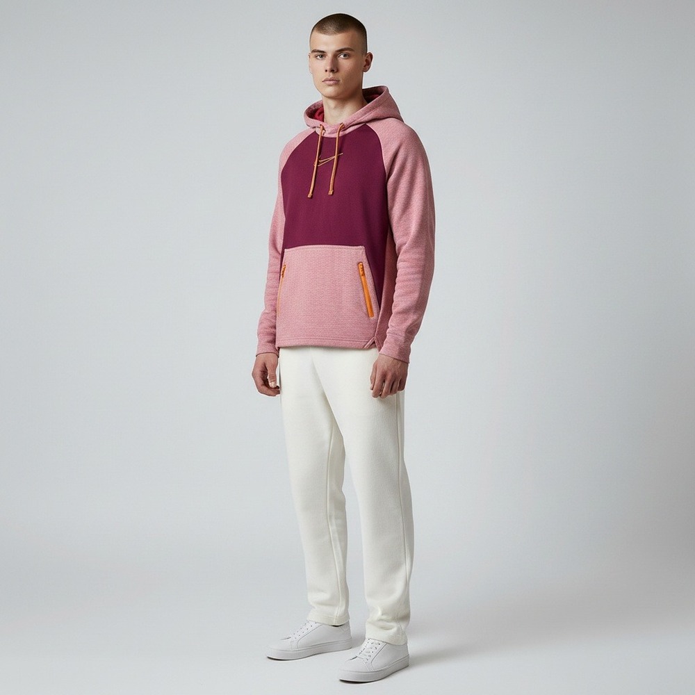 Nike Therma-FIT Hoodie Small Pink Burgundy Colorblock Zippered Pocket Pullover